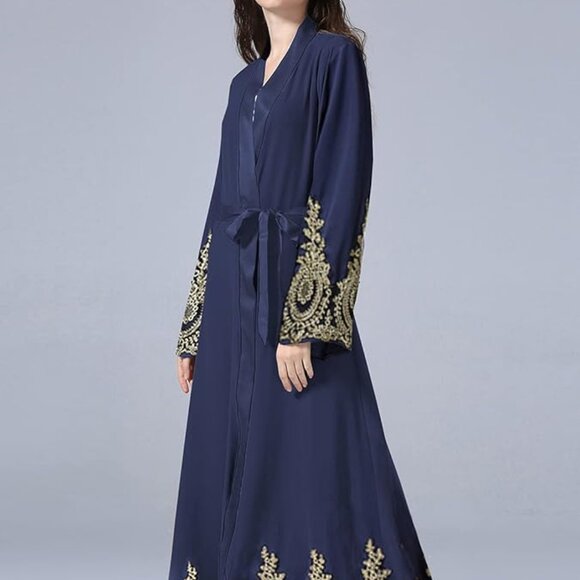Abetteric Women's S-2XL Navy Kaftan Muslim Abaya Open Cardigan Dress Islamic Dub - Picture 1 of 4